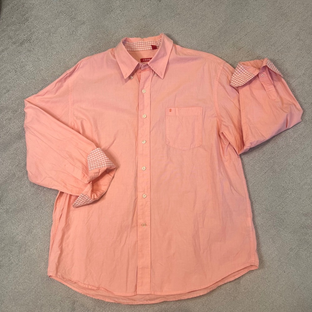 `IZOD Men's Button Down Shirt XL Melon Plaid Trim Long Sleeve‎ Casual Dress